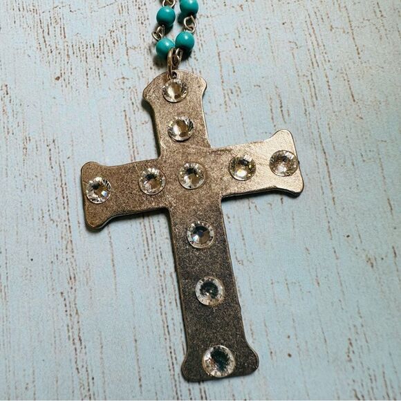 Silver Crystal Turquoise Beaded Rosary Link Long Necklace - Picture 2 of 3